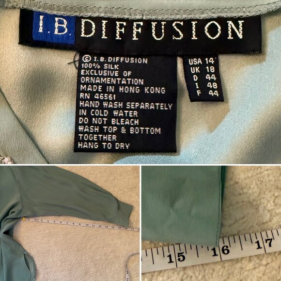Vintage IB Diffusion Silk Blouse Beaded Embroidered Size 14 Dusty Teal Flowy - Picture 6 of 10